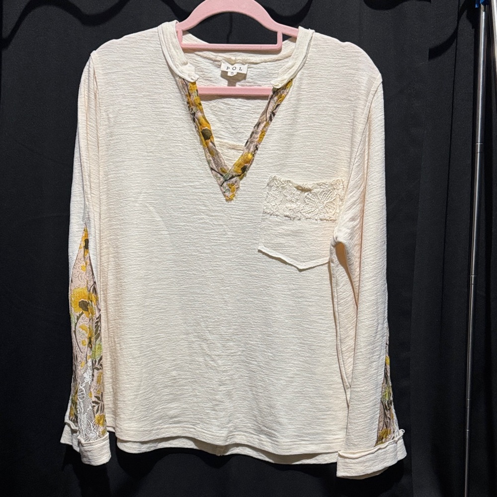 POL Cream and Yellow Floral Lace Long Sleeve Top